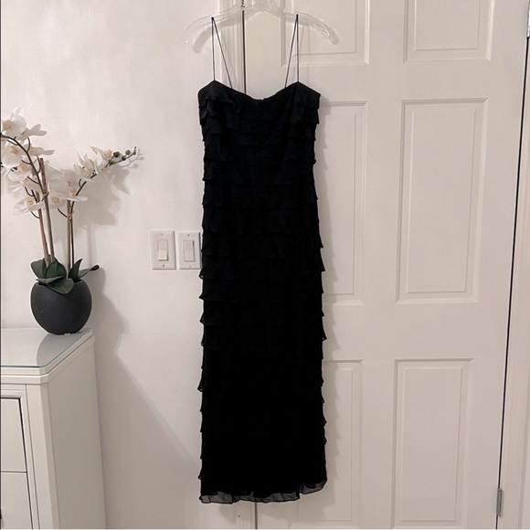 Vintage Tadashi Shoji Ruffle Spaghetti Strap Long Gown Black - Picture 1 of 8